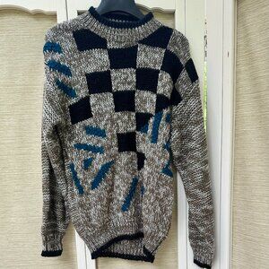 Vintage 80s Numbers Sweater Chunky Knit Brown Black Blue Squares Shapes Mens M